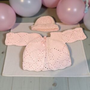 Handmade Pink Crochet Baby Sweater and Matching Hat Set
